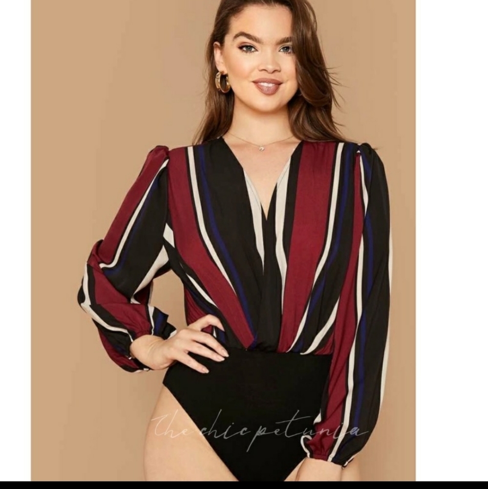 PLUS stripe dolman sleeve bloused bodysuit Z
